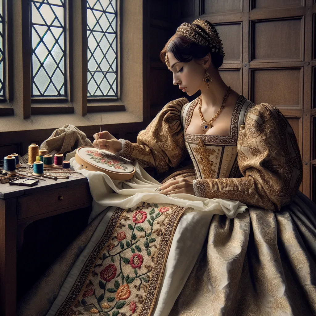 Prompt: Tudor era princess in a elaborate dress embroidering