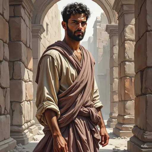 Prompt: A striking figure stands poised amidst an ancient stone backdrop, characterized by rugged, weathered architecture. The man's intense gaze, accentuated by prominent brows and a well-defined jawline, conveys a sense of determination and strength. His short, curly hair and neatly groomed beard frame a face that seems to tell a story of resilience. Dressed in a draped garment, the folds of which suggest movement, he exudes a historical gravitas that complements the muted color palette of earthy tones and shadows cast by the soft, natural light filtering through the surrounding pillars. This composition captures a scene that implies depth, intrigue, and a narrative steeped in the weight of history.