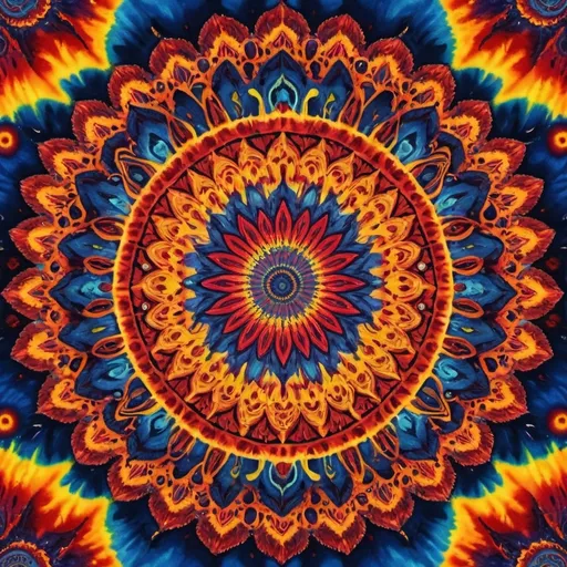 Prompt: (tie-dyed mandala), vibrant colors, intricate patterns, dynamic swirls of color merging together, psychedelic art style, deep blues, radiant reds, saturated yellows, mesmerizing symmetry, bright and cheerful appearance, meditative and spiritual ambiance, ultra-detailed, high resolution, visually captivating, art piece suitable for relaxation and mindfulness.