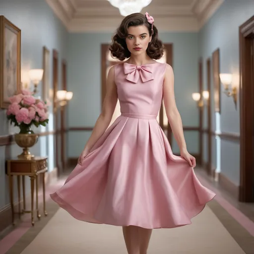 Prompt: A young woman exudes vintage elegance in a soft pink dress adorned with a fitted bodice and a flowing skirt that falls gracefully to her ankles, accentuated by vibrant pink heels. Her dark, wavy hair is styled with a matching bow, framing her striking features as she stands poised in a softly lit corridor. The hallway, enhanced by the delicate blush of floral wallpaper, leads the eye through a charming space punctuated by small framed artworks and bright, airy windows. A pink suitcase resting against the wall suggests a sense of adventure, while the overall ambiance captures a nostalgic yet inviting mood, reminiscent of a classic romantic film. The combination of pastel hues and the woman's confident stance creates an enchanting narrative of style, grace, and potential journeys ahead.