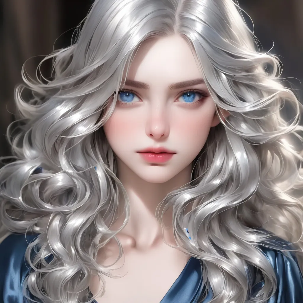 Prompt: A beautiful woman with shiny silver hair and blue eyes