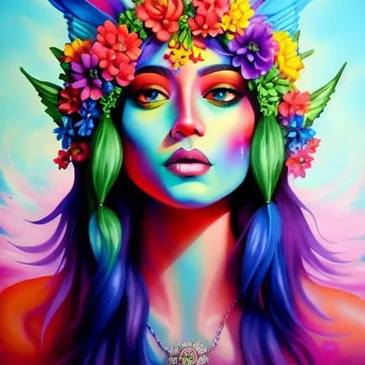 Prompt: Flower Siren graffiti art, splash art, street art, spray paint, oil gouache melting, acrylic, high contrast, colorful polychromatic, ultra detailed, ultra quality, CGSociety