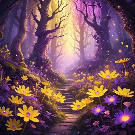 Prompt: Vibrant digital illustration of a mystical forest, vivid yellow and purple hues, magical glowing flowers, enchanting fairytale atmosphere, whimsical creatures, high-quality, highres, vibrant, digital art, fantasy, mystical, mystical forest, glowing flowers, enchanting, whimsical creatures, vibrant yellow and purple, magical, fairytale atmosphere