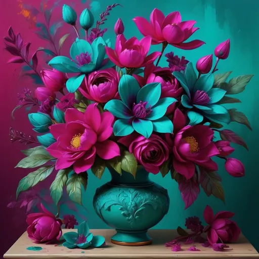 Prompt: <mymodel>Magenta and teal beauty, vivid colors, high contrast, detailed floral arrangement, oil painting, vibrant, realistic, 4k, ultra-detailed, surreal, dynamic lighting, luxurious, botanical, rich textures, modern, decorative, elegant composition