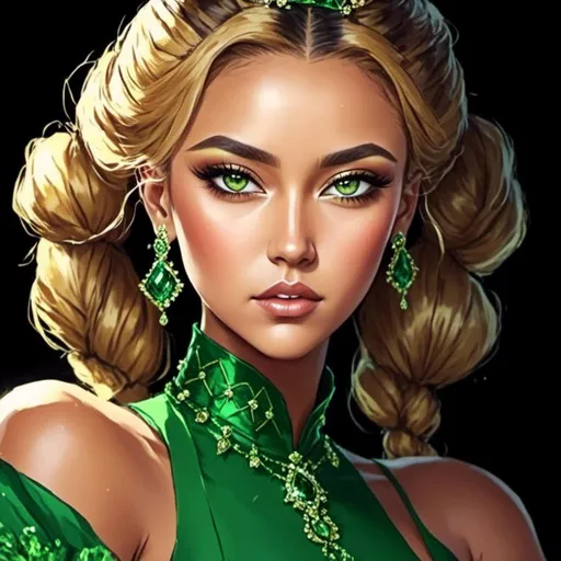 Prompt: <mymodel>Detailed illustration of a woman in vibrant green attire, large vivid green eyes, elegant makeup, digital painting, high resolution, realistic style, vibrant green, professional lighting