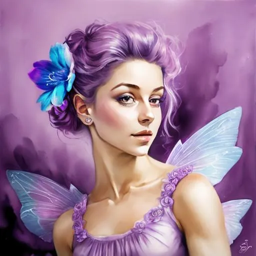 Prompt: purple, pink and blue flower fairy