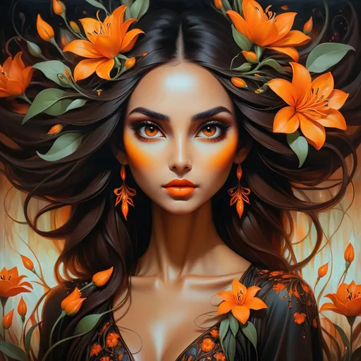 Prompt: Beautiful  hybrid woman with orange flowers sprouting from her, oil painting, dark brown eyes, ethereal glow, dark and mysterious, high quality, vibrant colors, surreal, haunting, intricate floral details, intense gaze, mystical atmosphere, oil painting, demon, hybrid, ethereal, vibrant colors, surreal, haunting, floral details, intense gaze, mystical atmosphere
