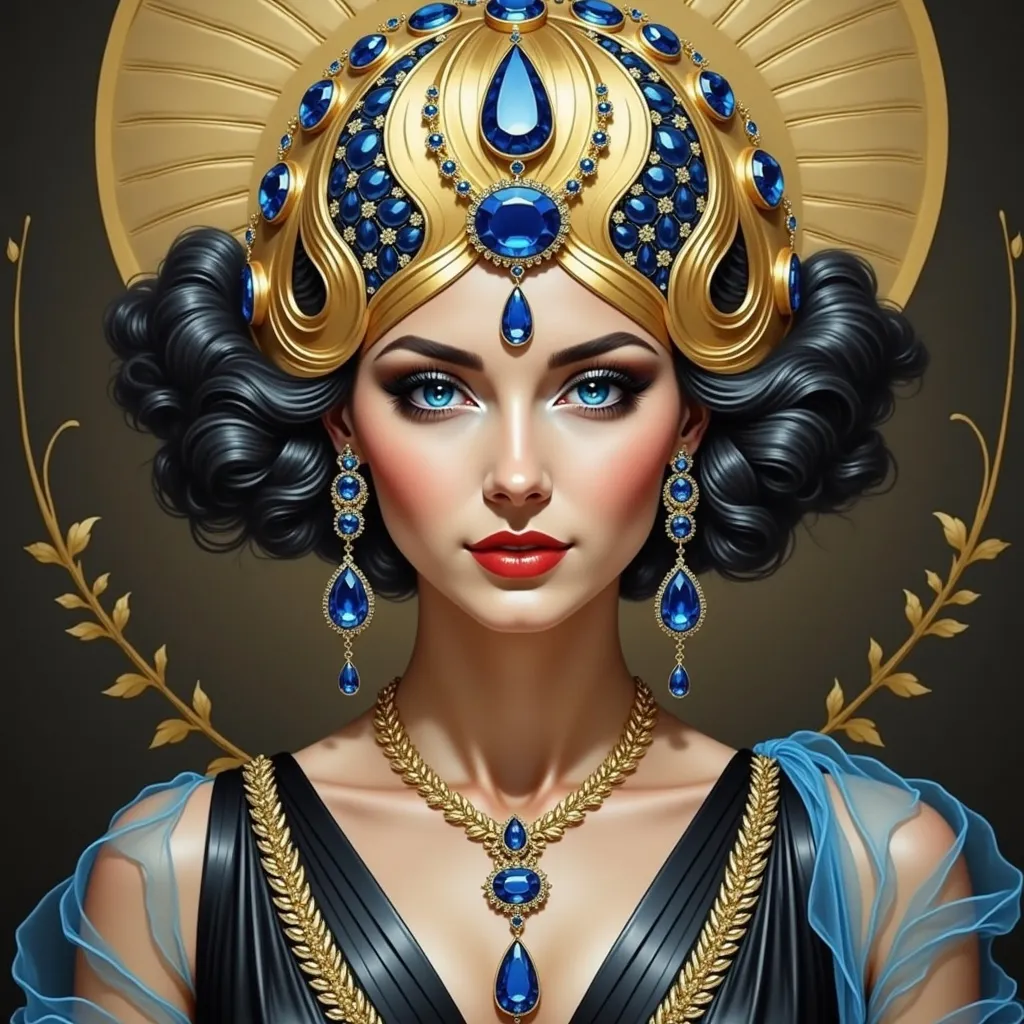 Prompt: An empress with a gold headpiece with blue jewels wearing a black dress and gold jewelry, Dirk Crabeth, art deco, orientalism, an art deco painting