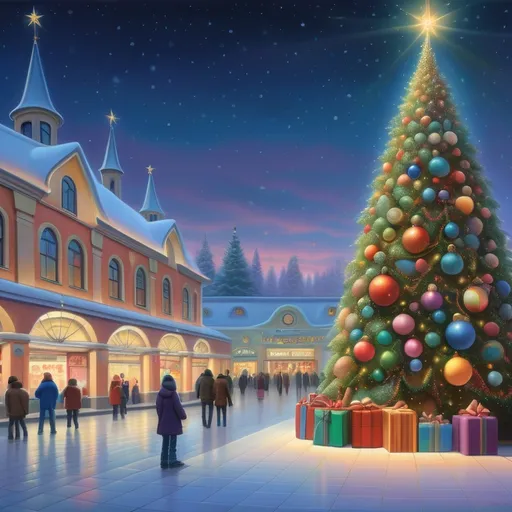 Prompt: a christmas tree is in a shopping mall with large bauble of many color and a star on top of it, Evgeny Lushpin, naive art, kinkade, a digital rendering