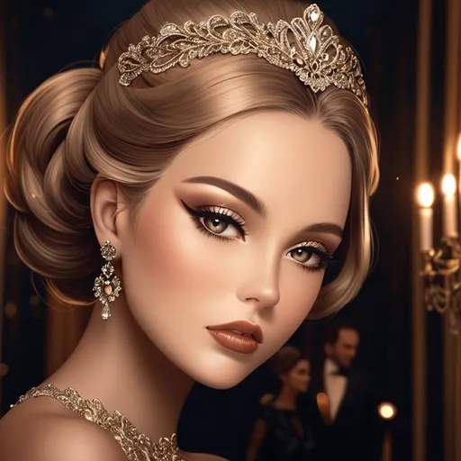 Prompt: Fancy lady, elegant gown with intricate lace details, opulent jewelry, glamorous evening setting, high fashion, luxurious fabrics, exquisite makeup and hairstyle, high quality, detailed, glamorous, elegant style, warm tones, soft and sophisticated lighting