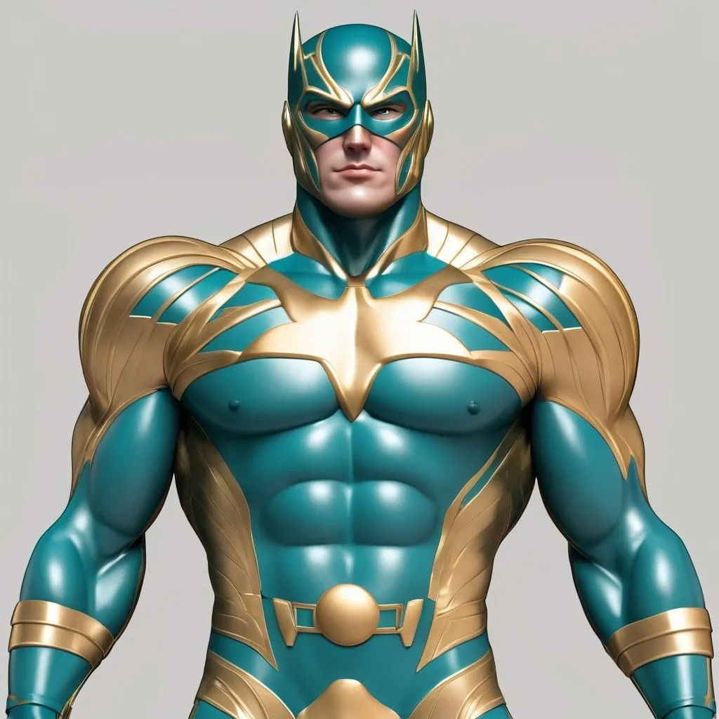 Prompt: <mymodel> Teal and gold  muscular superhero man