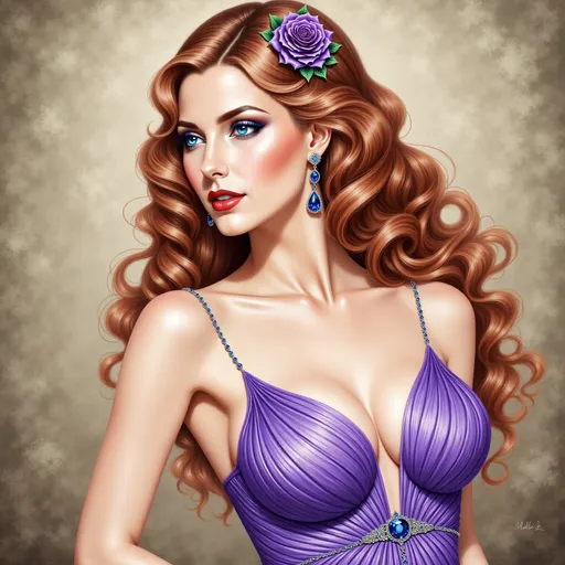 Prompt: a woman with a flower in her hair and a purple dress , with a purple rose in her hair, Edwin Georgi, figurative art, highly detailed digital painting, a photorealistic painting