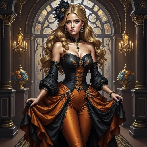 Prompt: a painting of a woman in a  black and rust dress with feathers on her head , standing in a hall, Anne Stokes, gothic art, highly detailed digital painting, a detailed painting