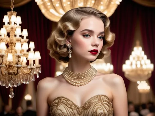 Prompt: Draped in an exquisite, golden gown adorned with intricate beadwork, a young woman exudes vintage elegance against the backdrop of a lavish ballroom, illuminated by the warm glow of ornate chandeliers. Her perfectly styled, wavy bob and bold red lips emphasize a sophisticated glamour, while strands of pearls cascade elegantly around her neck, further enhancing her poised demeanor. The polished wooden surfaces and grand architectural details of the room create an opulent atmosphere, hinting at a bygone era filled with grandeur and charm. Captured from a slight angle, the composition draws the eye to her serene expression, evoking a sense of nostalgia and timeless beauty amid a rich, harmonious palette of warm tones. This scene encapsulates the allure and refinement of high society, highlighting themes of sophistication and grace.