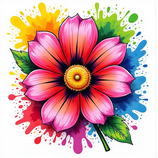 Prompt: This is a vibrant, digital watercolor illustration of a flower. The flower has six large, pink petals with gradients of red and orange, outlined in bold black. The center of the flower features a bright yellow core with black, star-like patterns radiating outwards. Surrounding the flower is a splashy, abstract background of various colors including yellow, green, blue, red, and purple, with paint splatters and drips. The overall style is colorful and playful, with a focus on bright, contrasting hues and a sense of movement. The background colors blend and overlap, creating a dynamic and energetic feel. The image has a clean, white border, emphasizing the vivid colors of the flower and background.