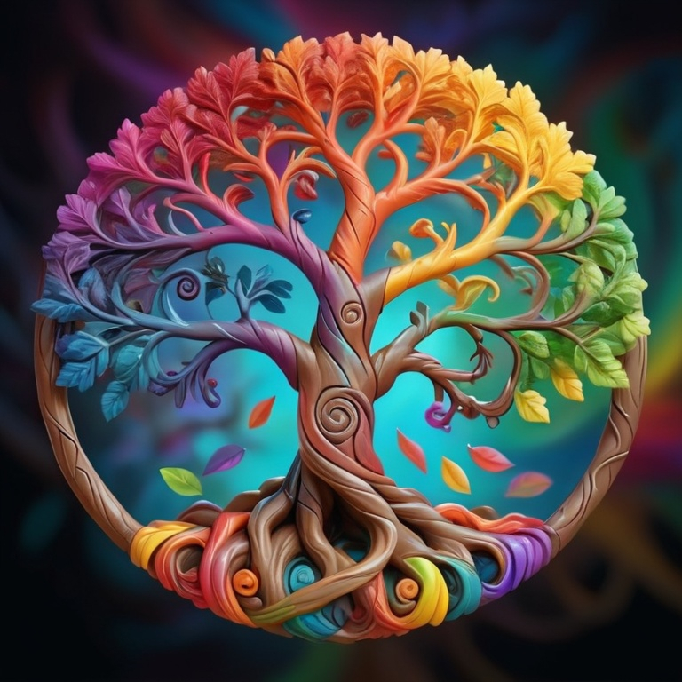 Prompt: colorful gnarled tree of life, spiral colors in the background, rainbow leaves, hyper-detailed, photorealistic 8k max