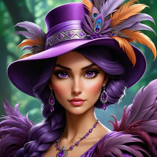 Prompt: a painting of a woman wearing a purple hat with feathers on it's brim and a purple dress, Anne Stokes, fantasy art, highly detailed digital painting, a detailed painting