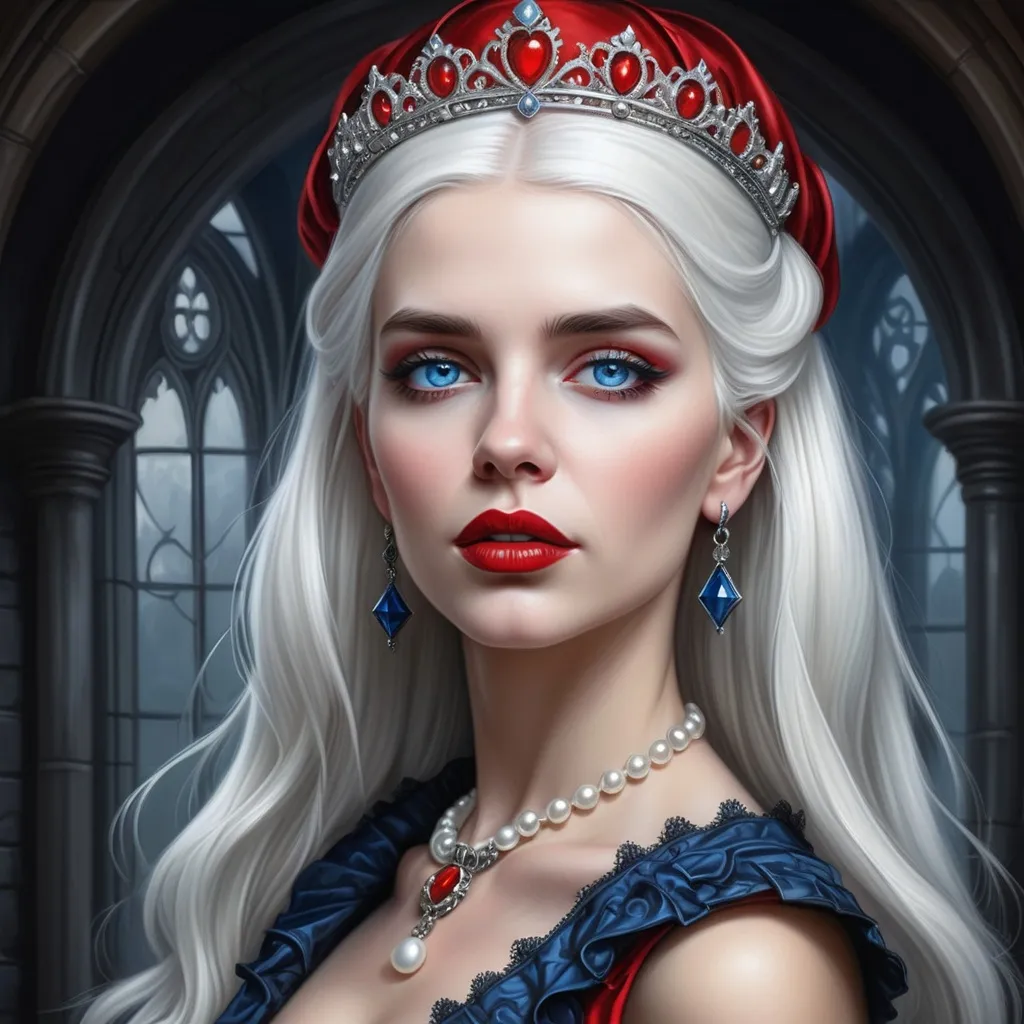 Prompt: a woman with  white hair, blue eyes, red lips, a tiara and pearls on her head and a red lip and a blue dress with a red and white collar, Anne Stokes, gothic art, highly detailed digital painting, a detailed painting