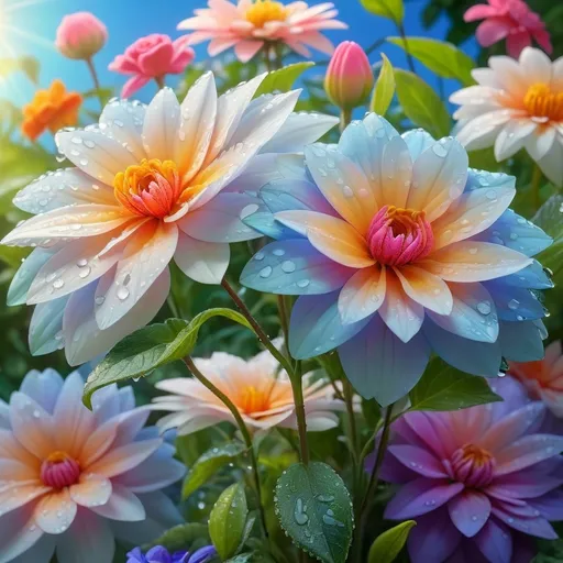 Prompt: (vibrant flowers), lush garden setting, (bright colors), petals glistening with dew, soft natural sunlight filtering through leaves, serene and tranquil ambiance, various flower species blooming harmoniously, detailed texture on petals and leaves, inviting atmosphere of nature’s beauty, high definition, ultra-detailed, vivid background with a clear blue sky.