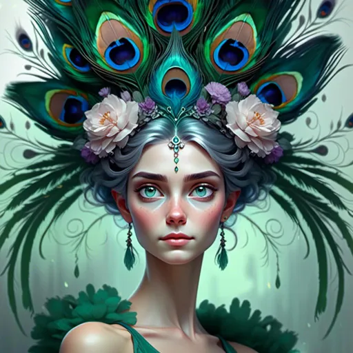 Prompt: a woman with a peacock headpiece and feathers on her head, with a green dress and a flower in her hair, Anna Dittmann, fantasy art, highly detailed digital painting, a detailed painting  <mymodel>