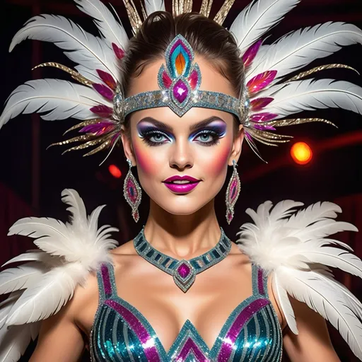 Prompt: (flamboyant show girl), vibrant colors, sparkling costumes, elaborate feathered headdress, dramatic lighting, dynamic pose, glamorous stage setting, intense spotlight, captivating expression, luxurious sequins, high-energy, lively background, circus-inspired ambiance, ultra-detailed, high quality, electrifying atmosphere, vivid emotional depth.