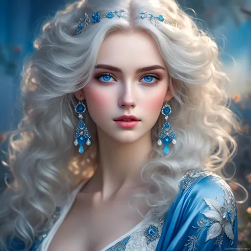 Prompt: <mymodel>A beautiful woman, white hair, blue eyes, blue eyeshadow, blue jewels o