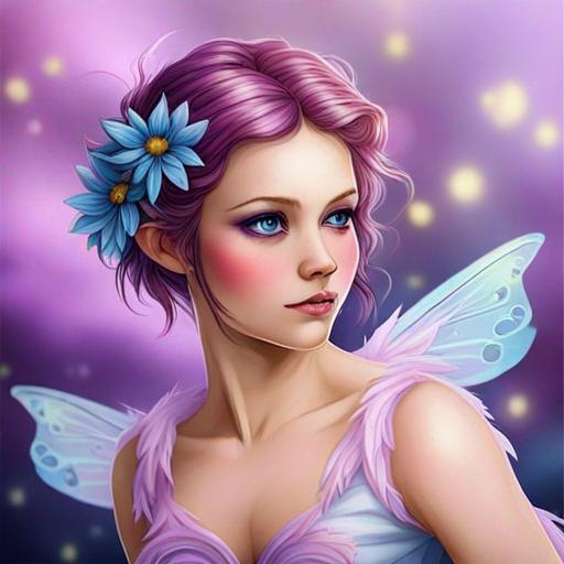 Prompt: purple, pink and blue flower fairy