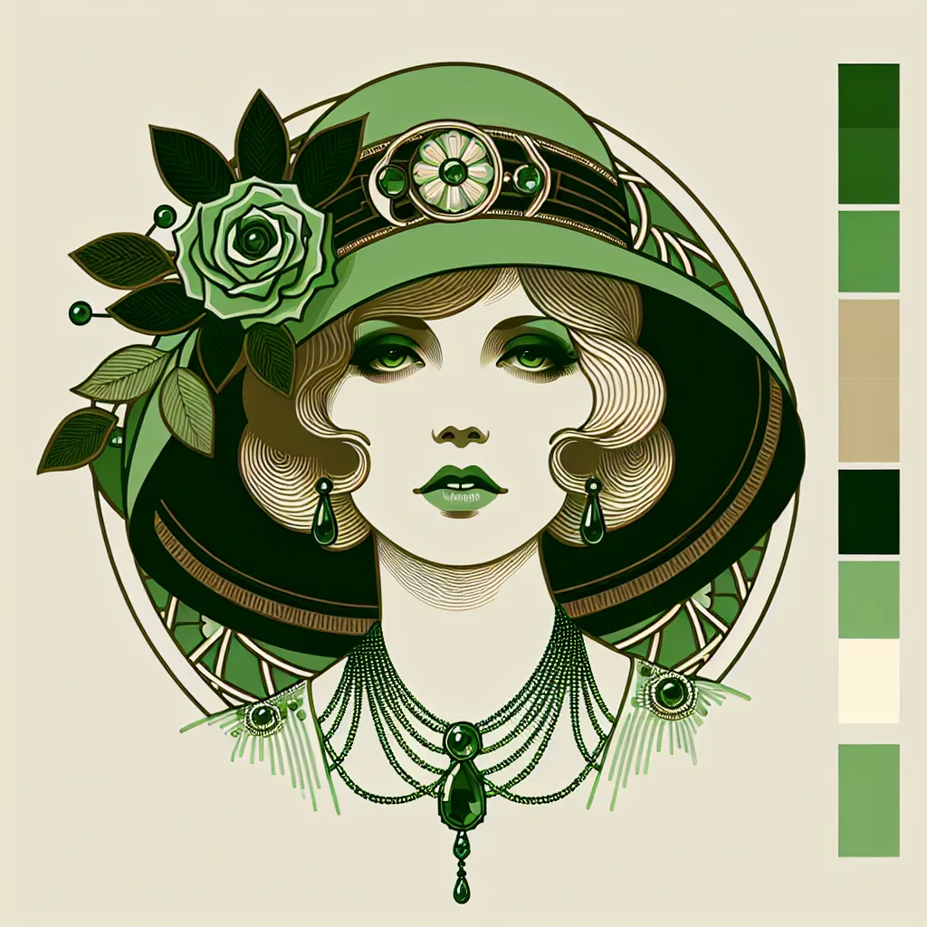 Prompt: <mymodel> a woman with a green hat and green necklaces on her head and a green rose on her head, Charlie Bowater, art deco, highly detailed digital painting, an art deco painting