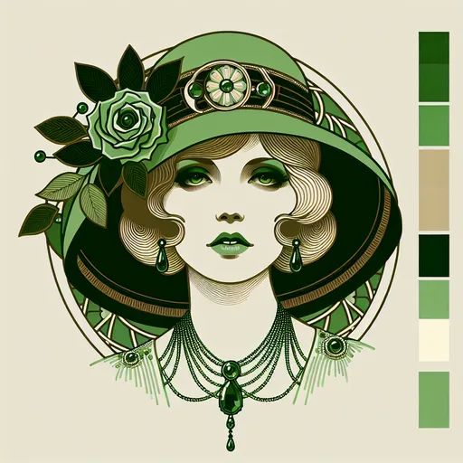 Prompt: <mymodel> a woman with a green hat and green necklaces on her head and a green rose on her head, Charlie Bowater, art deco, highly detailed digital painting, an art deco painting