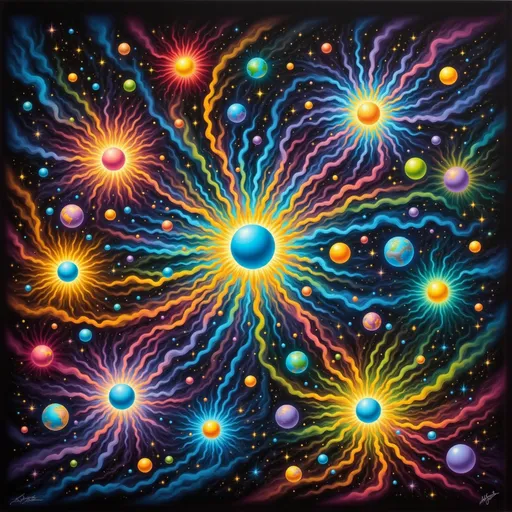 Prompt: a painting of a bunch of balls and stars in the sky with a black background and a blue center, David A Hardy, psychedelic art, intricate oil painting, an airbrush painting