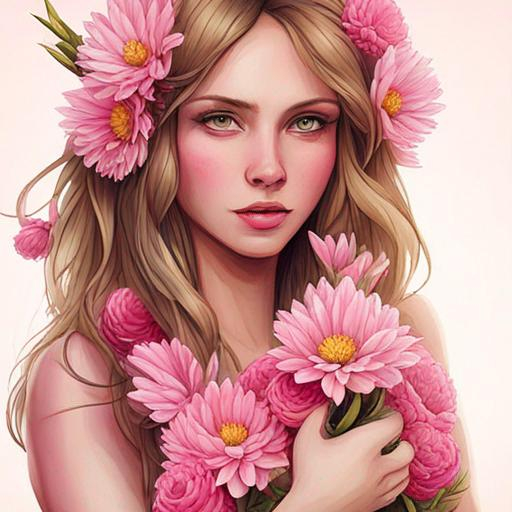 Prompt: a woman with pink flowers