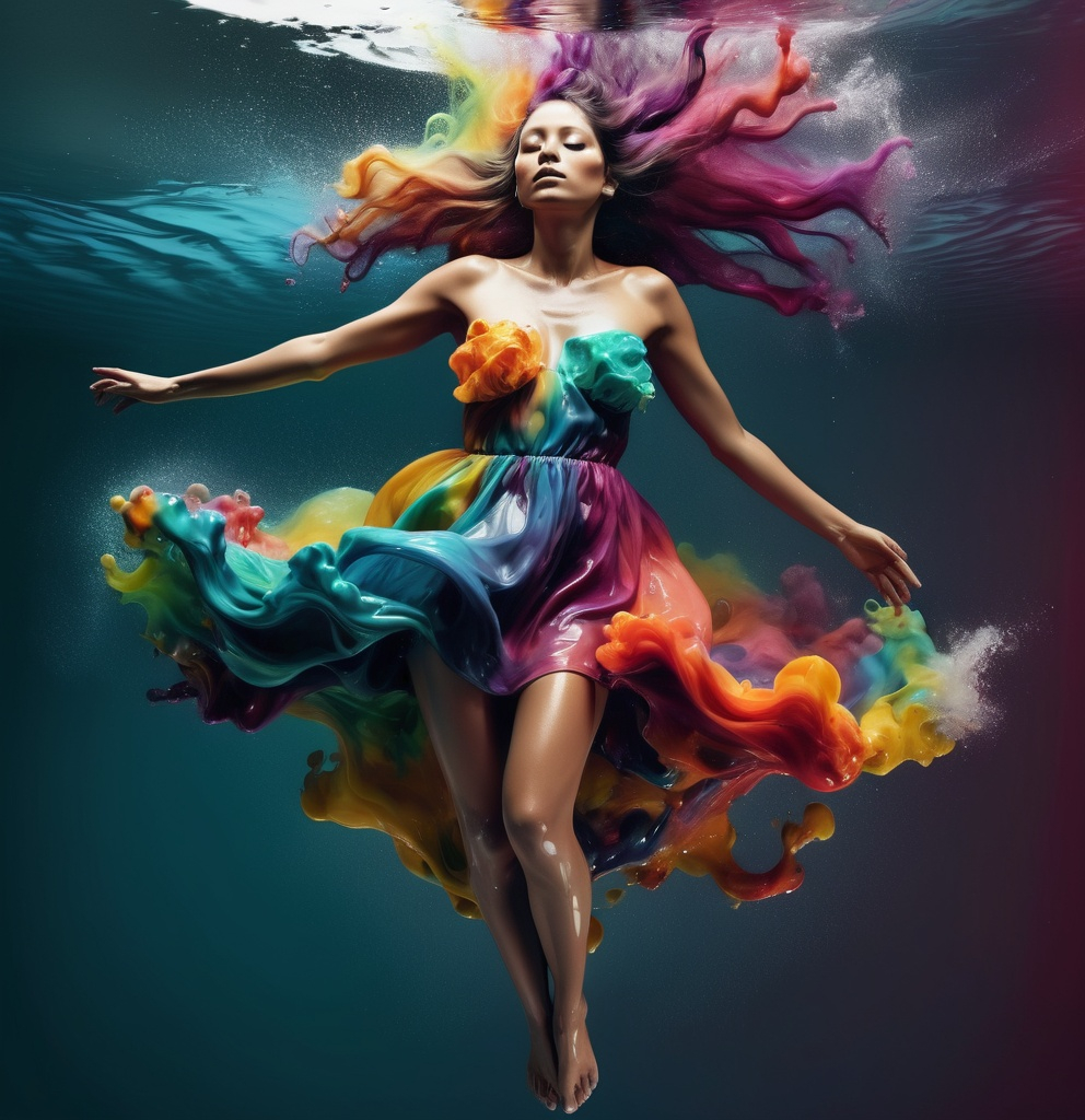 Prompt: a woman in a colorful dress floating in the water with her hair  floatingand her body painted with colors, Alberto Seveso, visual art, vivid colors, an airbrush painting