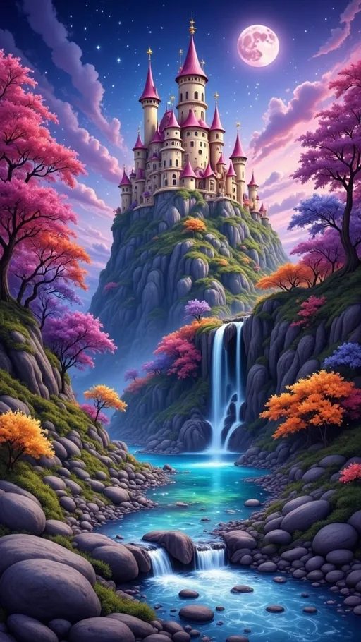 Prompt: A whimsical castle rises majestically from a rocky prominence, its towers piercing the darkened sky, illuminated by vibrant hues of purple and blue. Surrounding the structure, fantastical trees with glowing foliage create a dreamlike atmosphere, while colorful flowers bloom at the water's edge, adding splashes of yellow and pink. A serene stream cascades gently from the rocks, feeding into a tranquil pool that mirrors the enchanting colors of the scene. The entire composition is bathed in a magical light, evoking a sense of wonder and inviting viewers to step into a fairy tale world. This landscape encapsulates a surreal harmony between nature and fantasy, radiating a serene yet mysterious charm.