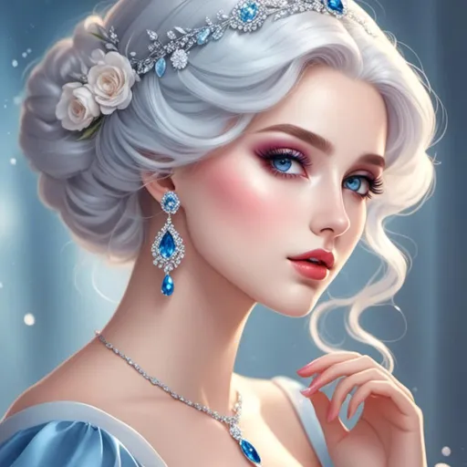 Prompt: <mymodel>A beautiful woman, snow white hair with pastel highlights, frosty blue eyes, blue eyeshadow, blue jewels on forehead