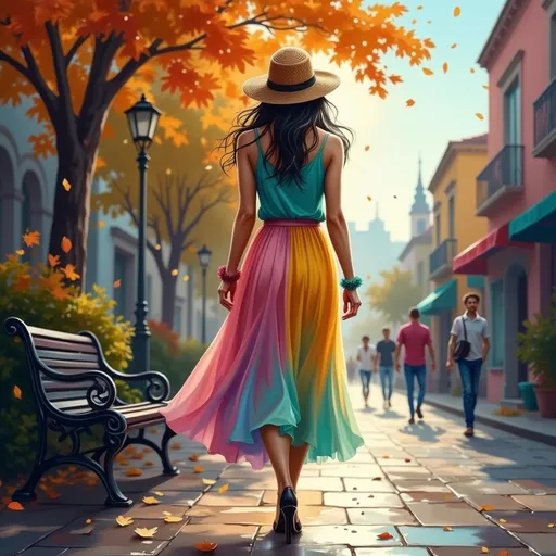Prompt: This is a vibrant digital painting in a semi-realistic, impressionistic style. The central figure is a woman with long, flowing black hair, seen from behind, walking down a rain-soaked street. She wears a wide-brimmed straw hat, a sleeveless turquoise top with a subtle polka dot pattern, and a multicolored, pleated skirt that transitions from yellow at the waist to pink, blue, and green towards the hem. Her black high-heeled shoes add a touch of elegance. The rain is depicted with diagonal, white streaks, creating a sense of movement and atmosphere. The background features a blurred, colorful street scene with buildings on the right and a tree on the left, whose orange leaves are illuminated by a bright, golden light from above, suggesting either dawn or dusk. The ground is wet, reflecting the colorful light and adding to the overall vibrant yet moody atmosphere. To the left, there is an ornate, wrought-iron bench partially visible under the tree. The combination of the bright colors, flowing textures, and dynamic light creates a whimsical, almost dreamlike scene.