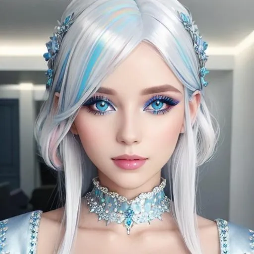 Prompt: A beautiful woman, white hair with pastel highlights, blue eyes, blue eyeshadow, blue jewels on forehead