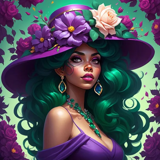 Prompt: a woman wearing a purple dress and a flower in her hair and a purple hat with flowers on her head, emerald jewelry Artgerm, fantasy art, highly detailed digital painting, a character portrait <mymodel>