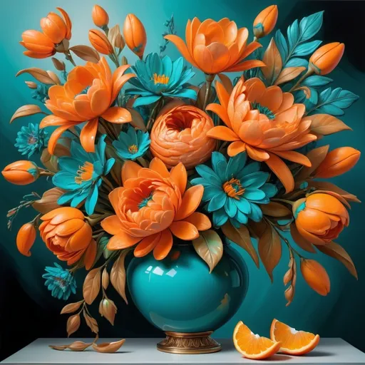 Prompt: orange and teal beauty, vivid colors, high contrast, detailed floral arrangement, oil painting, vibrant, realistic, 4k, ultra-detailed, surreal, dynamic lighting, luxurious, botanical, rich textures, modern, decorative, elegant composition