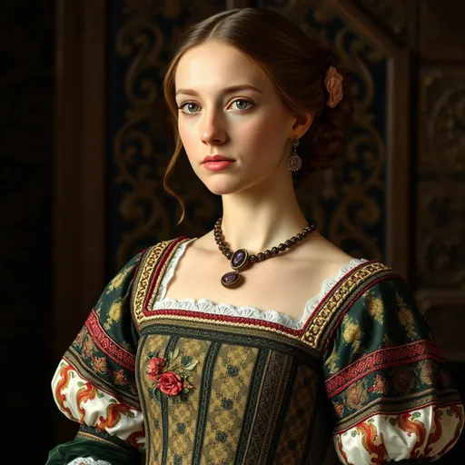 Prompt: Tudor era princess in a elaborate dress embroidering