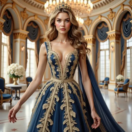 Prompt: A stunning young woman stands confidently at the center of an opulent palace interior, illuminated by the soft glow of chandeliers overhead. She wears an intricately designed gown featuring deep blue fabric adorned with elegant gold embroidery, accentuating her figure and adding a royal touch. Her long, wavy hair cascades over her shoulders, and a delicate golden crown rests atop her head, enhancing her regal presence. The lavish surroundings, with tall windows draped in rich blue curtains and ornate furniture, reflect a luxurious ambiance that complements her majestic attire, evoking a sense of elegance and grandeur. The image exudes a narrative of sophistication and charm, perfectly encapsulating the essence of a modern-day princess in a fairytale setting.