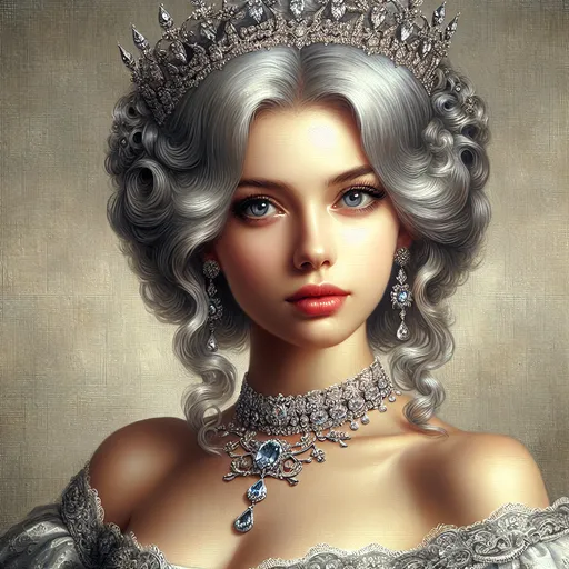 Prompt: a woman with grey hair and a tiara on her head is wearing a diamond necklace, Charlie Bowater, fantasy art, highly detailed digital painting, a photorealistic painting