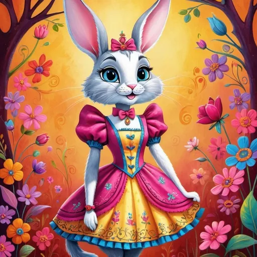 Prompt: <mymodel>Funny illustration of a anthropomorphic rabbit and cat in beautiful dresses , Tim Burton style eyes, bright and colorful, whimsical bright colorful background, comical expressions, high quality, detailed fur, playful, cartoonish, vibrant colors, imaginative lighting