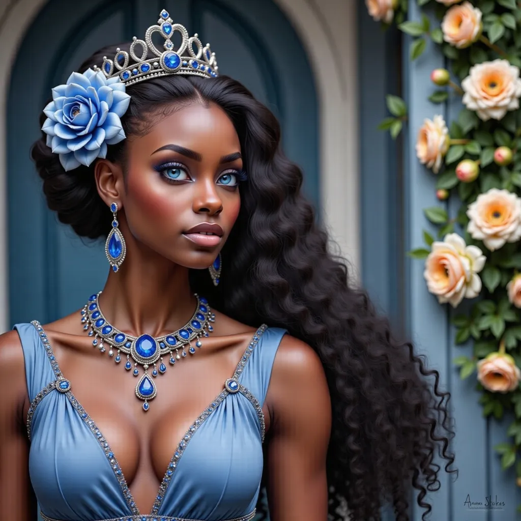 Prompt: a stunning black woman with a crown on her head and a necklace on her neck of sapphires, in a blue dress with flowers, Anne Stokes, fantasy art, highly detailed digital painting, a detailed painting