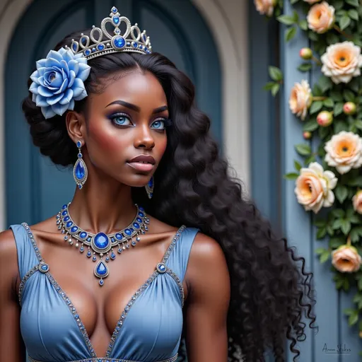 Prompt: a stunning black woman with a crown on her head and a necklace on her neck of sapphires, in a blue dress with flowers, Anne Stokes, fantasy art, highly detailed digital painting, a detailed painting