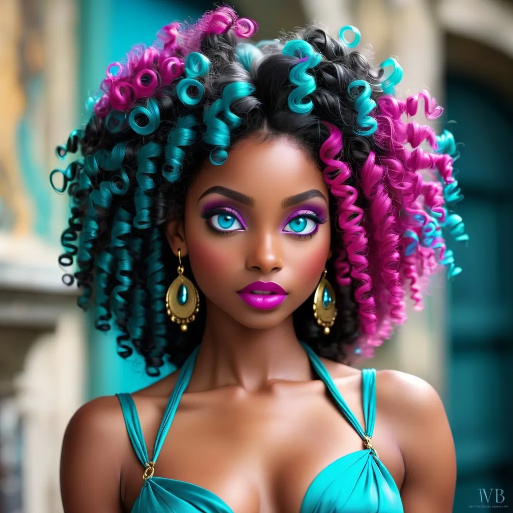 Prompt: <mymodel>A beautiful black woman,blue eyes,curly hair , adorned in colors of teal blue and magenta