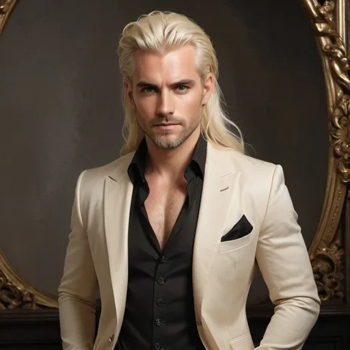 Prompt: A striking figure exudes charm and confidence, with long, flowing platinum blonde hair cascading around his shoulders, elegantly framing a sculpted face. His intense gaze is complemented by piercing eyes and a well-groomed beard, enhancing his allure. Dressed in a luxurious golden suit, adorned with subtle embellishments and a sharp black shirt underneath, he stands against a backdrop of rich, blurred tones, reminiscent of an opulent, illuminated interior. The warm lighting envelops him, creating a glamorous atmosphere that underscores a sense of sophistication and boldness, inviting viewers to ponder the story behind this dapper character.