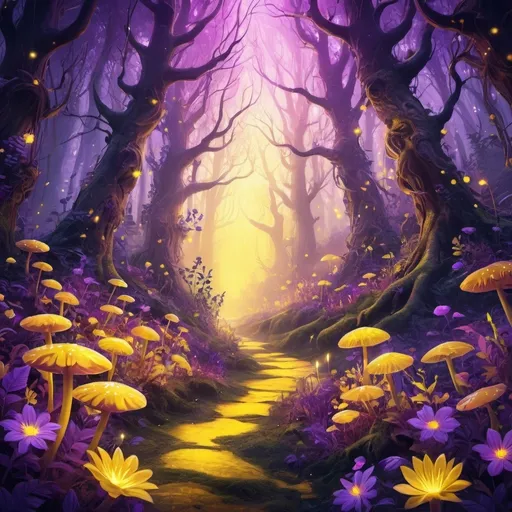 Prompt: Vibrant digital illustration of a mystical forest, vivid yellow and purple hues, magical glowing flowers, enchanting fairytale atmosphere, whimsical creatures, high-quality, highres, vibrant, digital art, fantasy, mystical, mystical forest, glowing flowers, enchanting, whimsical creatures, vibrant yellow and purple, magical, fairytale atmosphere