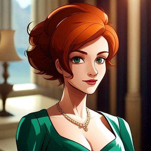 Prompt: Elegantly dressed lady,  emerald evening gown, ginger hair in an uodo, pretty makeup, facial closeup, in a cartoon style