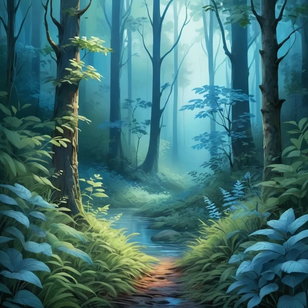Prompt: Blue-themed digital illustration of a serene forest, lush foliage in varying shades of blue, tranquil atmosphere, high quality, detailed texture, digital painting, serene, peaceful, cool tones, atmospheric lighting