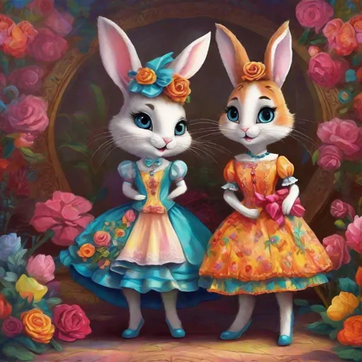 Prompt: <mymodel>Funny illustration of a anthropomorphic rabbit and cat in beautiful dresses , Tim Burton style eyes, bright and colorful, whimsical bright colorful background, comical expressions, high quality, detailed fur, playful, cartoonish, vibrant colors, imaginative lighting